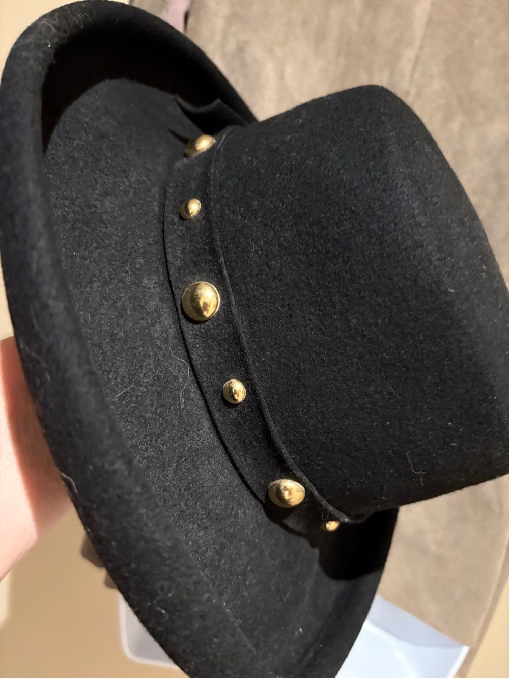 RARE Vintage Importina Wool Black Wide-Brim Felt Hat Gold Stud Trim Doeskin Felt